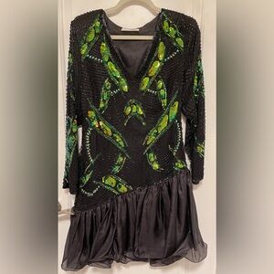 Vintage Beaded Sequin Cocktail Dress Black Green Iridescent Art Deco Petite 6